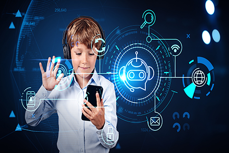 Un niño con auriculares, sosteniendo un teléfono en la mano que le brinda diversas opciones, gracias a la inteligencia artificial. 